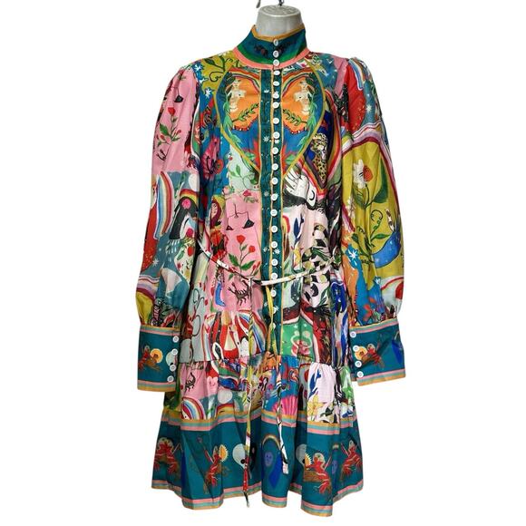Unbranded Dresses & Skirts - Boho Graffiti M Button Party Dress Novelty All-Over Fantasy Print Flounce Hem